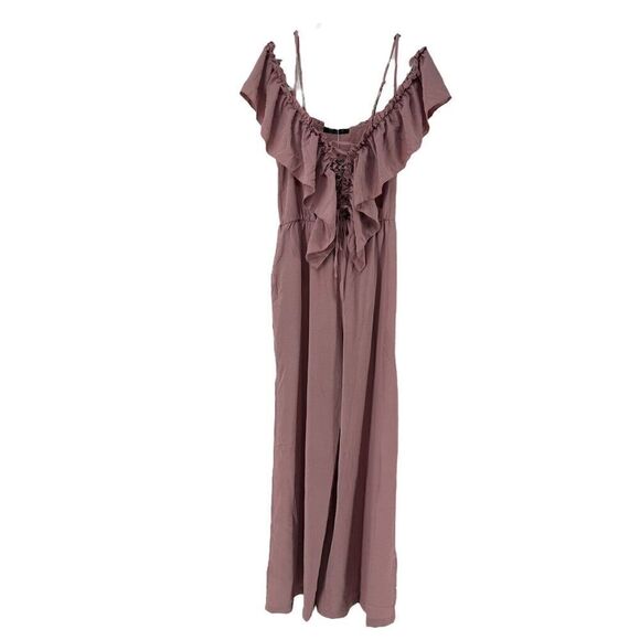 Pink Jumpsuit Off The Shoulder Ruffle Size M Lace Up V Neck Wide Leg Slit Boho - Picture 1 of 12